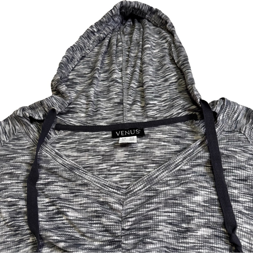 VENUS Grey Marled Knit Hoodie Size Small Long Sleeve Ruching Down Center Front - Picture 6 of 11